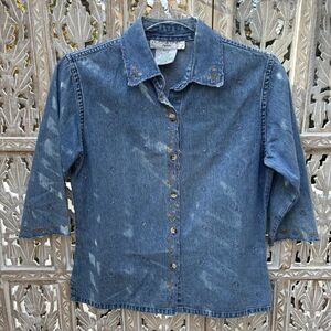 VICTORIA JONES Petite PSmall Denim Cottage Cotton Button Up Long Sleeve Floral